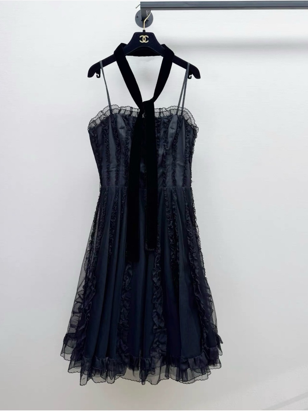 RED Valentino Black Ruffle Halter Tie Cocktail Dress